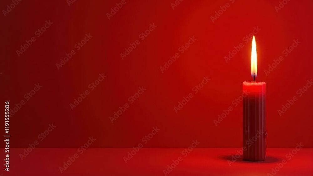 Poster rich ruby red altar candle on left. soft black background. copy space for text, 3d render ai generat