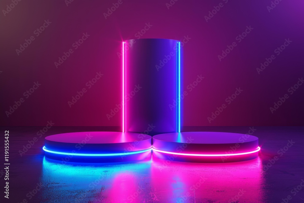 Poster three podiums with glowing neon lights create a futuristic and vibrant display in an empty room