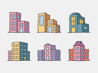 Colorful Hand Drawn Building Illustrations Set