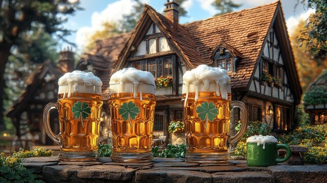 Three Beer Steins and a Mug Before a Cottage