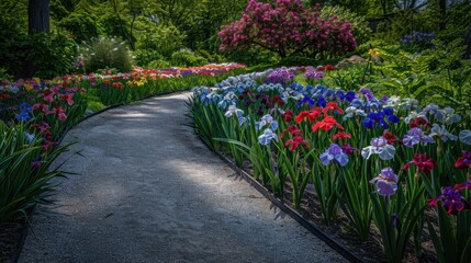 vibrant garden path lined with colorful flowers, including irises in various shades of red, blue, and purple, creates serene and picturesque scene