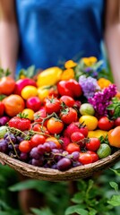 Compostable food tray filled with fresh produce in a bright garden setting with vibrant colors