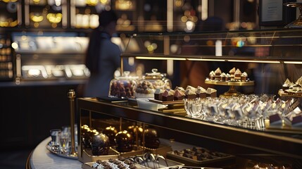 Artisanal Chocolate Counter Showcasing Hand-Painted Bonbons and Elegant Packaging in a Warm Afternoon Setting