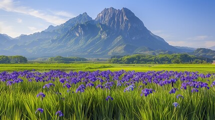 vibrant field of purple flowers in front of majestic mountain landscape, showcasing beauty of nature with clear blue skies and lush greenery