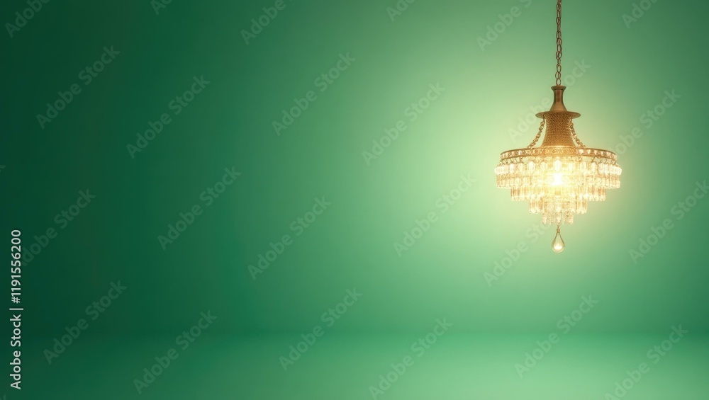 Poster sparkling diamond chandelier on right. soft yellow background. copy space for text, 3d render ai gen