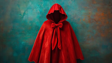 Mysterious figure in a red cloak against a textured teal background.