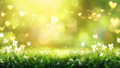 Obraz premium Natural grass field with bokeh sunlight effect, enhancing the beauty a spring garden