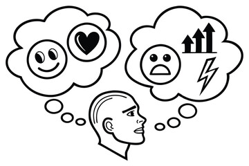 Obraz premium Simple line drawings, emotional icons, speech bubbles, black and white, minimalist design, expressive faces, symbolic emotions, communication symbols, clean vector style, round shapes, concise visual 