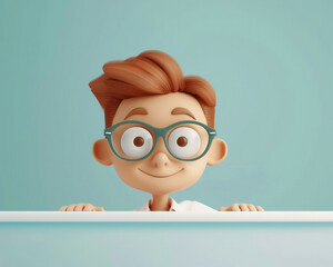 Adorable 3D Illustration of a Young Boy with Glasses Peeking Over a Wall on a Pastel Background