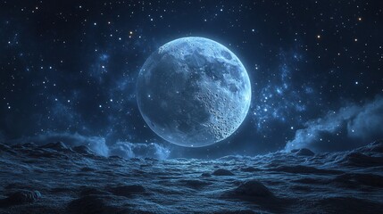 Giant Moon Over a Rocky Desolate Alien Landscape