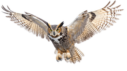 Fototapeta premium Great horned owl in mid-flight, showcasing its wings and intense eyes, night hunter, isolated on transparent background