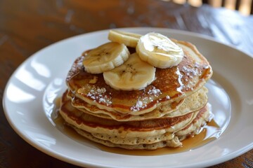 Delicious pancakes are topped with sliced bananas and syrup on a white plate, making a tempting breakfast treat