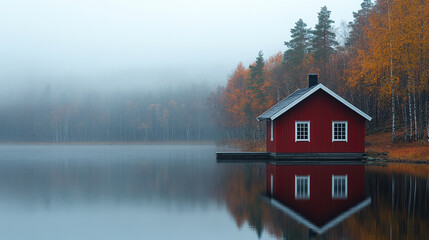 Obraz premium Red cabin by calm lake surrounded by autumn trees in early morning fog