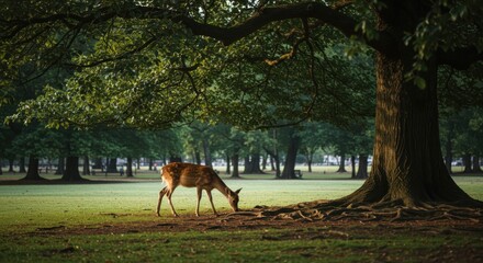 Majestic deer in park, lush green trees, dappled sunlight, tranquil meadow, ancient oak trees, serene atmosphere, golden hour lighting, natural wildlife, urban nature, peaceful landscape, soft focus b