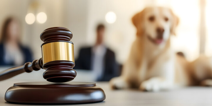 Gavel and dog in blurred background; legal concept of pet ownership or animal rights.