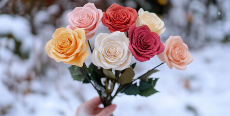 A hand holds a vibrant bouquet of paper roses featuring shades of pink, red, cream, and yellow, set against a serene snowy landscape during winter.