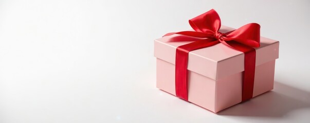 Obraz premium Red ribbon tied gift box, elegant present on white, valentines, bow