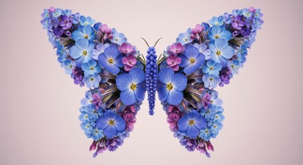 Butterfly silhouette, floral texture, blue and purple flowers, watercolor effect, impressionistic style, canvas texture, delicate wings, nature-inspired art, soft pastel colors, ethereal, dreamy, spri