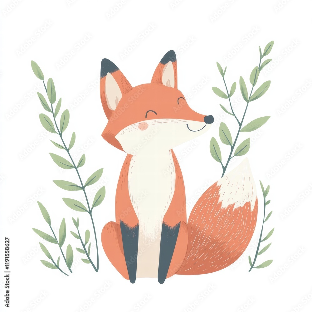 Poster illustrated fox seated among minimalist green leaves against a simple background in a playful and ch