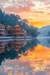 Fototapeta premium Serene Riverside Town at Sunset Reflecting on Water