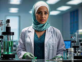 Focused Female Scientist in Hijab Holding a Test Tube with Green Liquid in a Laboratory, Celebrating International Day of Women and Girls in Science 1