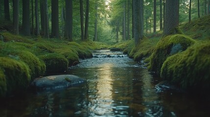 Obraz premium Serene Forest Stream Flows Through Mossy Banks