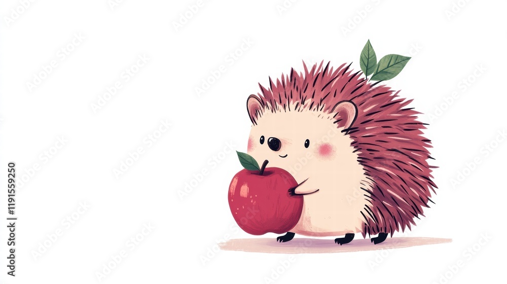 Poster cute illustrated hedgehog carrying a shiny red apple while exploring a whimsical forest. generative 