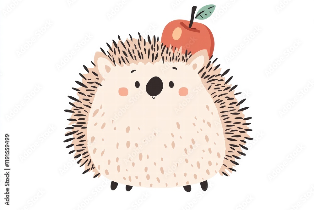 Poster Charming hedgehog balancing a vibrant apple on its back in a whimsical forest setting. Generative AI