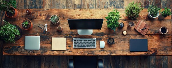 Rustic wooden office desk featuring computers and green plants for an inspiring workspace