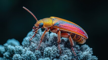 Fototapeta premium Vibrant orange and red beetle on grey lichen, close-up.