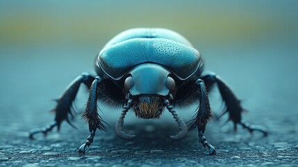 Naklejka premium Close-up of a large, dark blue beetle facing the camera on a textured surface.