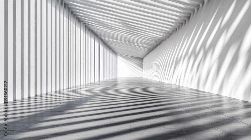 Poster light and shadow interplay in a minimalist corridor with striking lines