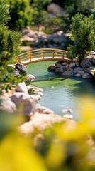 Fototapeta premium Serene Wooden Bridge Over Tranquil Stream in Lush Park Setting Surrounded by Nature's Beauty