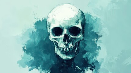 A Painted Human Skull Against A Teal Background