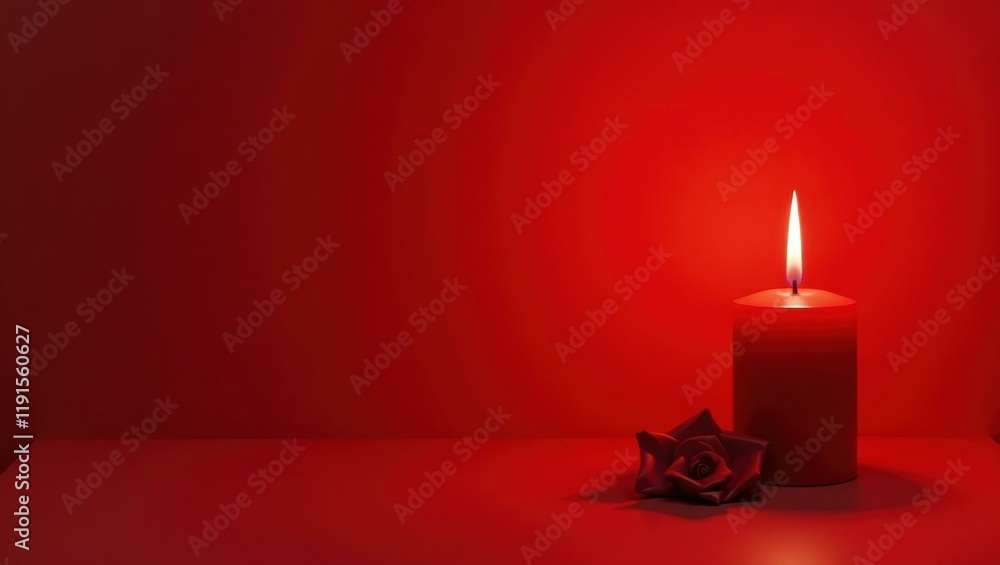 Poster rich ruby red altar candle on left. soft black background. copy space for text, 3d render ai generat