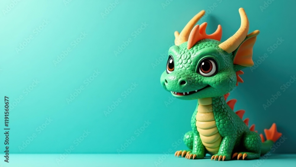 Poster rich viridian green mythical dragon on right. soft red background. copy space for text, 3d render ai