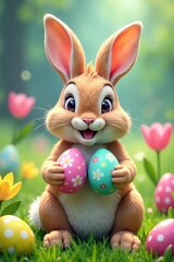 Bunny holds colorful Easter eggs in paws, surrounded by spring flowers , bunnies, spring