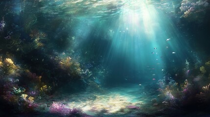 Golden sunlight filters through the deep blue ocean, highlighting the tranquil, otherworldly beauty beneath the surface.