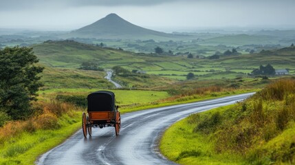 Horse Drawn Carriage Traveling Scenic Irish Countryside Road