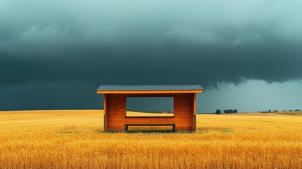 Wooden Bus Shelter in Golden Wheat Field Under Storm Clouds