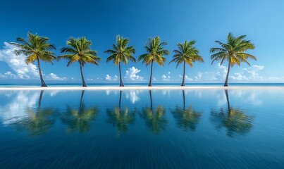 a serene scene with palm trees casting long shadows on the white sandy beach