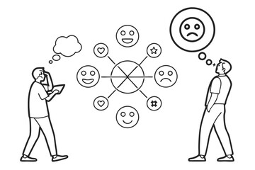 Simple line drawings, human figures, emotion icons, facial expressions, minimalist design, black and white illustration, emotional states, mood indicators, communication symbols, conceptual diagram, p