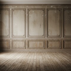Ornate classical interior, cream-colored wall paneling, intricate moldings, wooden wainscoting, vintage architectural details, empty room, worn wooden floor, sepia tones, atmospheric lighting, high-re