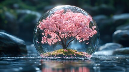 Pink Blossom Tree Encased In A Glass Sphere