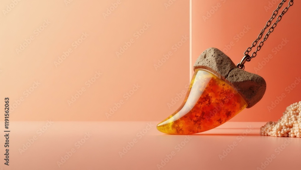 Poster amber saber tooth pendant on left. soft green background. copy space for text, 3d render ai generate