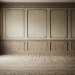 Naklejka premium Ornate classical interior, cream-colored wall paneling, intricate moldings, wooden wainscoting, vintage architectural details, empty room, worn wooden floor, sepia tones, atmospheric lighting, high-re