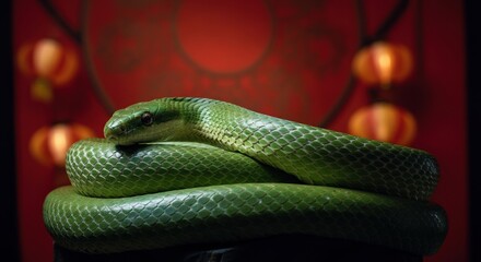 Fototapeta premium Green snake coiled elegantly against a vibrant red background