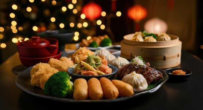 A vibrant spread of Asian cuisine featuring dumplings, spring rolls, and vegetables