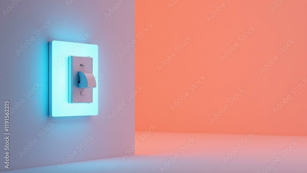 Poster azure blue light switch on left. soft red background. copy space for text, 3d render ai generated de