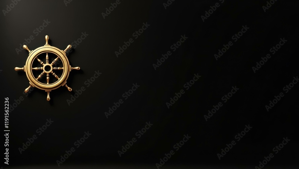 Poster brass ship wheel on right. soft red background. copy space for text, 3d render ai generated designer
